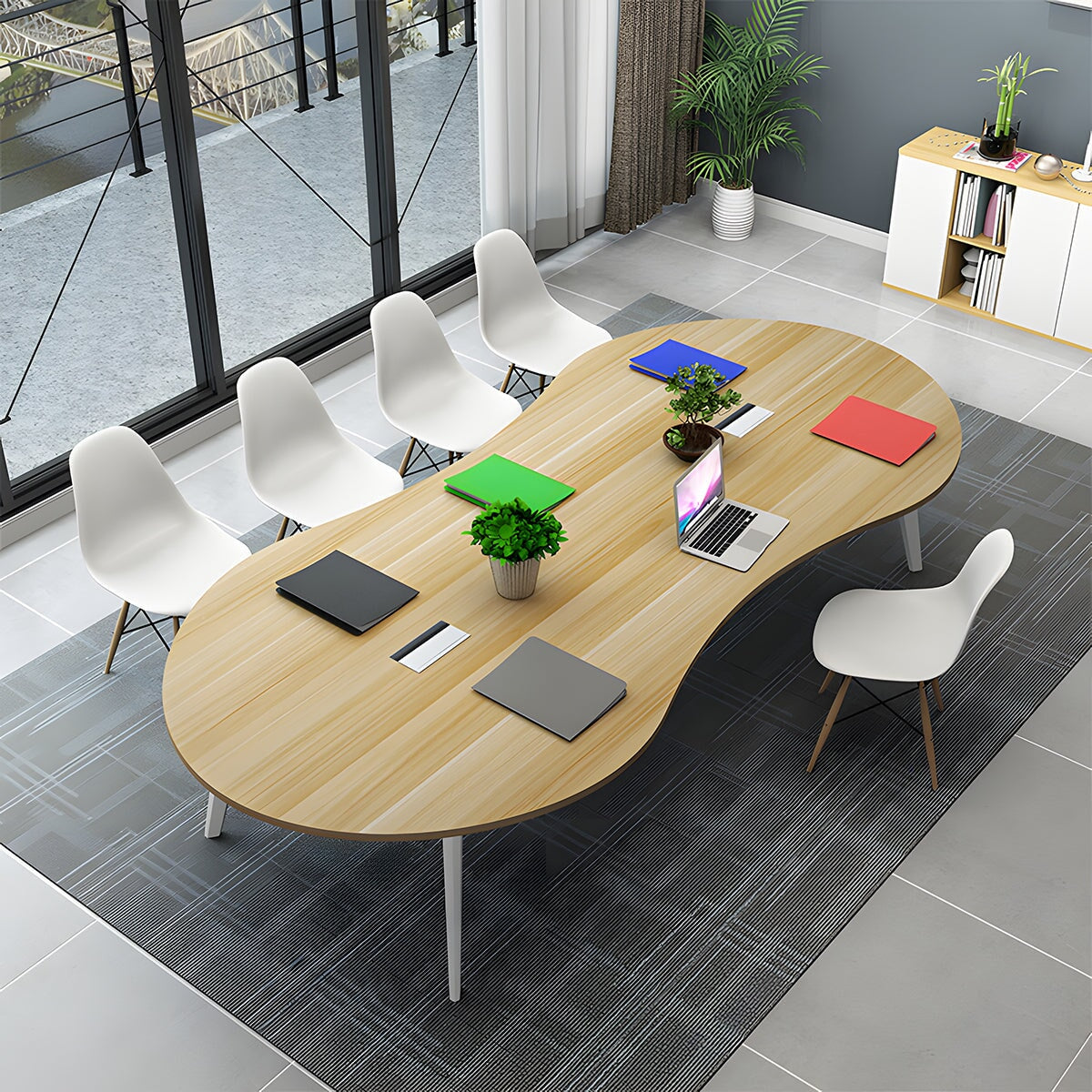 エコ板材 厚み 広さ スチールフレーム R仕上げ 配線ボックス アジャスター テーブル ミーティング 会議テーブル シンプル 組立簡単 ホワイト ブラック カスタマイズ可能 HYZ-K-085