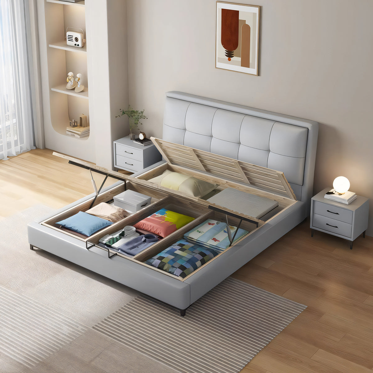 レザー 縦開き 木製フレーム 収納力抜群 優れた通気性 ベッド 跳ね上げベッド ベッドフレーム 新居 セムダブル キング シンプル ホワイト ブルー BED-T079 tomokagu