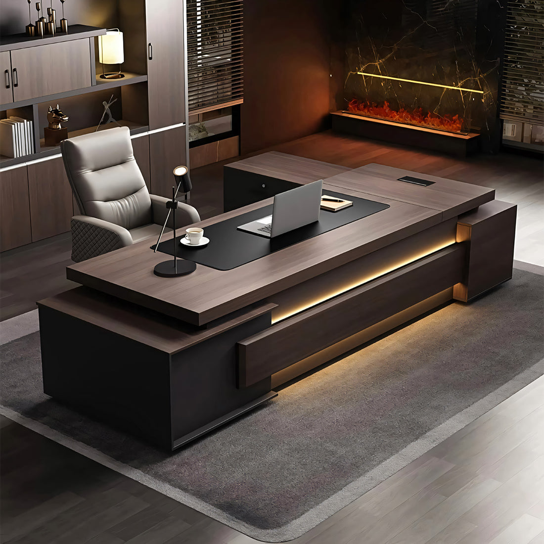 重厚感 高級感 贅沢 落ち着き LEDライト エグゼクティブデスク 役員デスク 社長机 L字デスク サイドキャビネット 大容量 メラミン化粧板 LBZ-T061 tomokagu