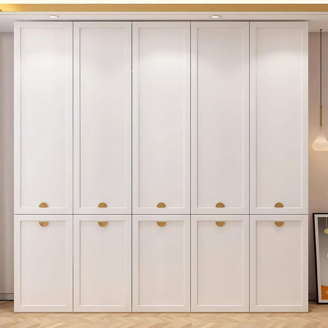 金メッキ取っ手 幕板 木製 開きドア ハンガーパイプ 大容量 クローゼット 洋服収納 衣類収納 ワードローブ おしゃれ 白基調 カスタマイズ可能 YG-T057 tomokagu