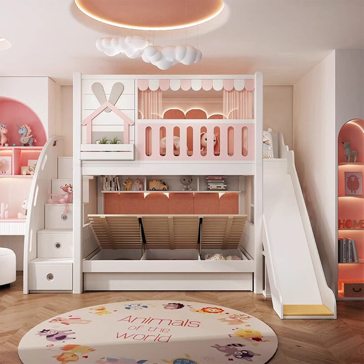 二段ベッド 子供用ベッド 木製ベッド キッズベッド 木製ベッド 全周式安全棚 収納ブックシェルフ付き 安全性抜群 シンプル ナチュラルウッド SCC-S069