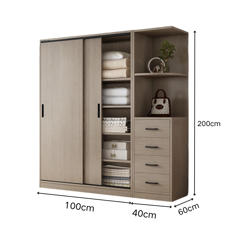 エコ板材 上置き収納 収納棚 大容量 分類収納 引き出し 物干し竿 引き戸 省スペース クローゼット 壁面収納 ワードローブ 多目的 実用 ウォールナット カスタマイズ可能 YG-K014