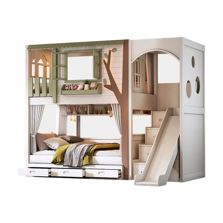 二段ベッド キッズベッド 木製二段ベッド 子供部屋用家具 ツリーハウスデザイン 厚手マツ無垢床板 落下防止全方位保護 高い耐荷重 ホワイト SCC-S079