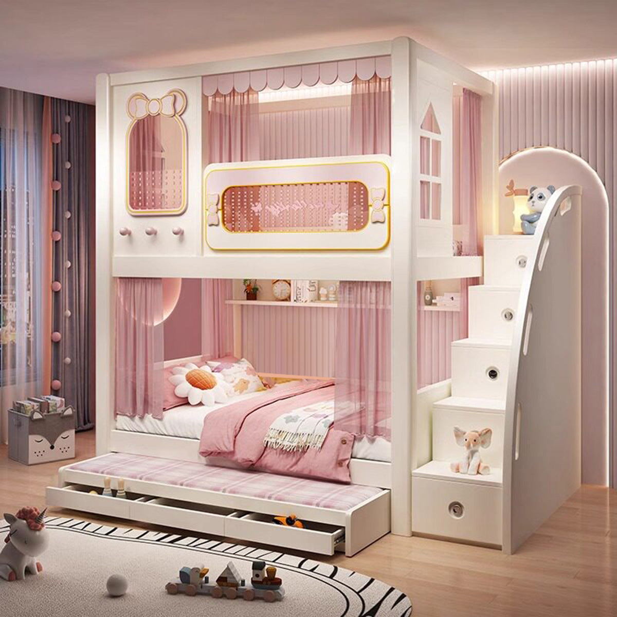 二段ベッド キッズベッド 収納付き二段ベッド 子供部屋用ベッド 全周式安全栅 落下防止設計 収納スペース付き モダンキッズデザイン ホワイト SCC-S072