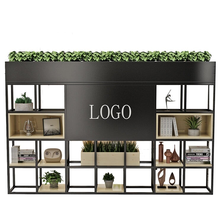 パーテーション オフィスラック シンプル 店舗用 天然木製 焼付塗装 アイアン製 収納スペース付き モダン ブラック ナチュラル カスタマイズ可能 metamall