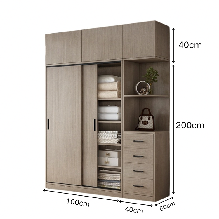 エコ板材 上置き収納 収納棚 大容量 分類収納 引き出し 物干し竿 引き戸 省スペース クローゼット 壁面収納 ワードローブ 多目的 実用 ウォールナット カスタマイズ可能 YG-K014