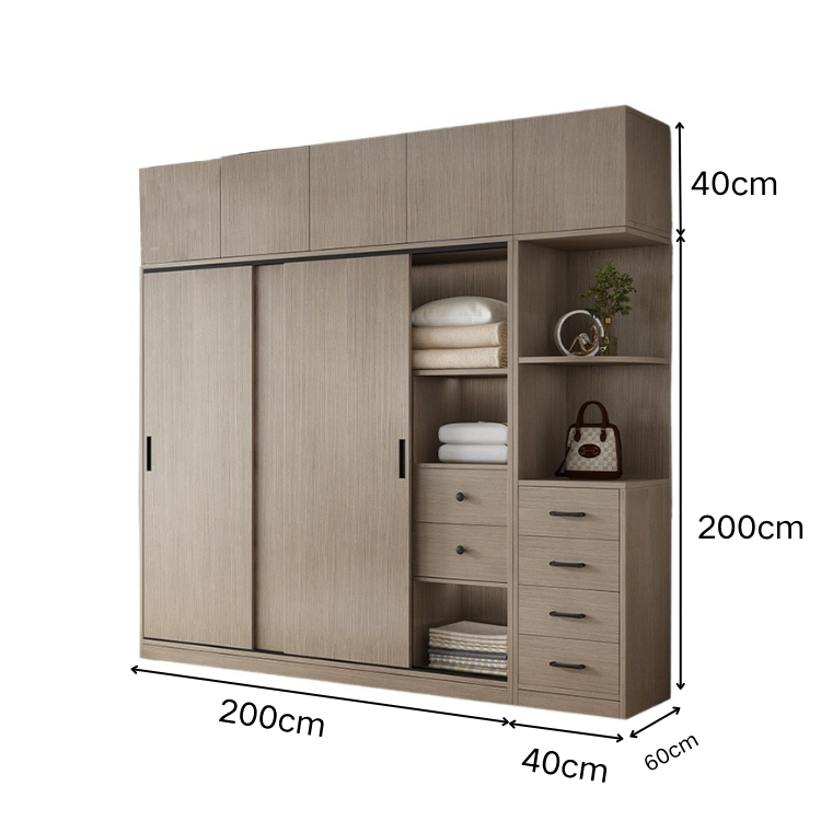 エコ板材 上置き収納 収納棚 大容量 分類収納 引き出し 物干し竿 引き戸 省スペース クローゼット 壁面収納 ワードローブ 多目的 実用 ウォールナット カスタマイズ可能 YG-K014
