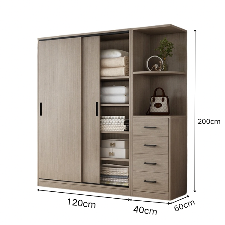 エコ板材 上置き収納 収納棚 大容量 分類収納 引き出し 物干し竿 引き戸 省スペース クローゼット 壁面収納 ワードローブ 多目的 実用 ウォールナット カスタマイズ可能 YG-K014