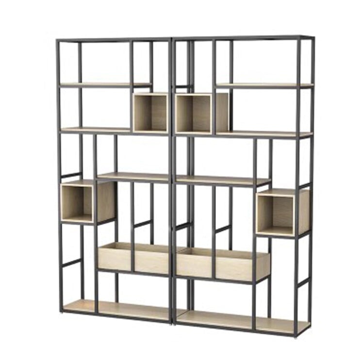 パーテーション オフィスラック シンプル 店舗用 天然木製 焼付塗装 アイアン製 収納スペース付き モダン ブラック ナチュラル カスタマイズ可能 metamall