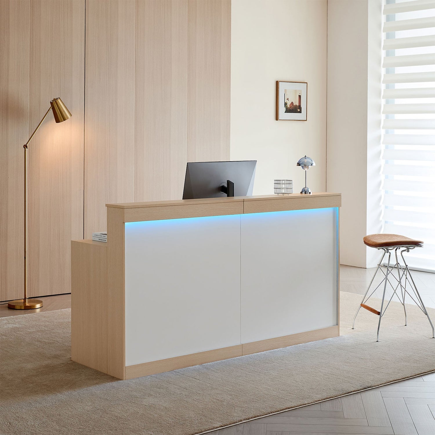 モダン シンプル 明るい 受付カウンター 受付台 収納 引き出し 扉付き LEDライト 配線孔 JDT-2214