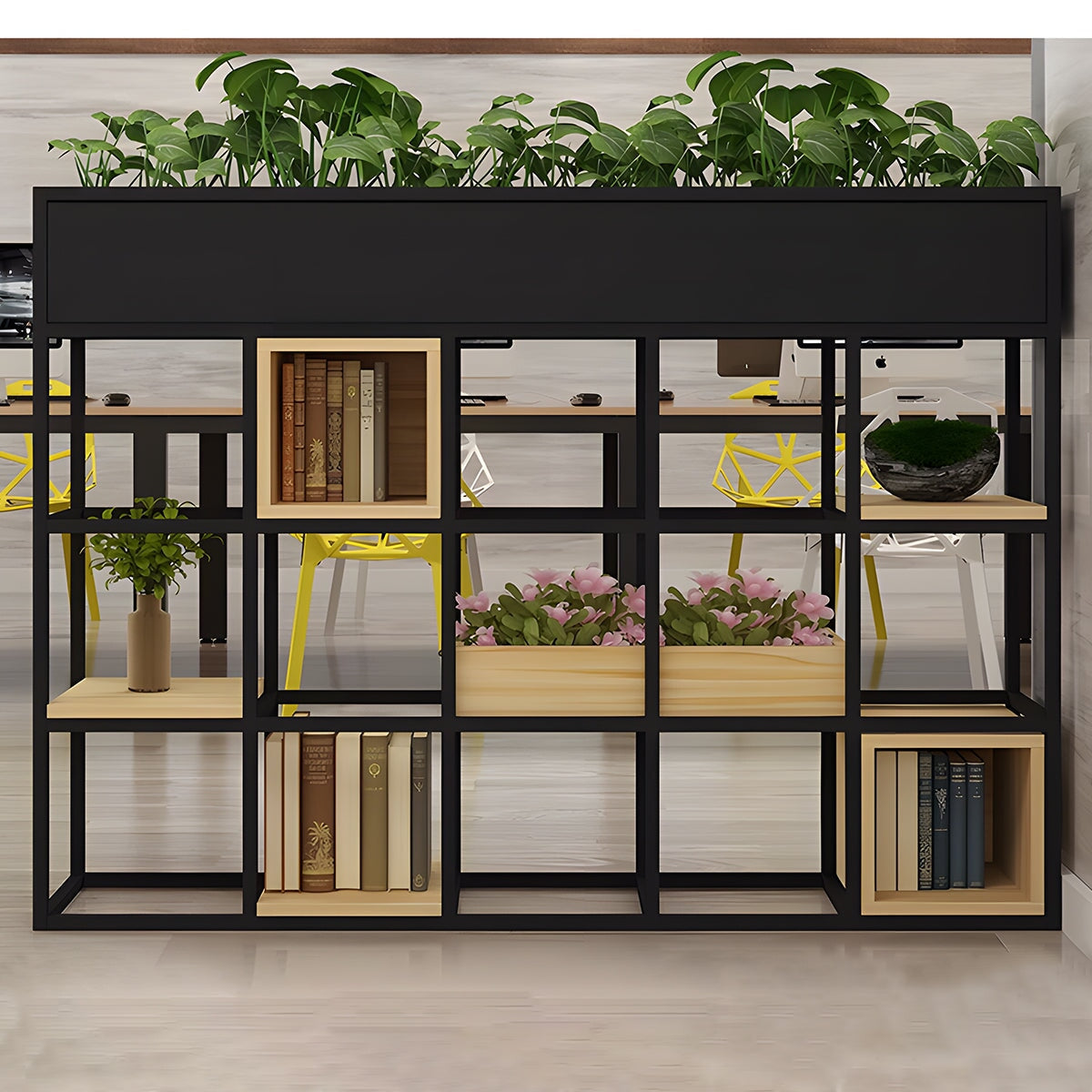 パーテーション オフィスラック シンプル 店舗用 天然木製 焼付塗装 アイアン製 収納スペース付き モダン ブラック ナチュラル カスタマイズ可能 metamall