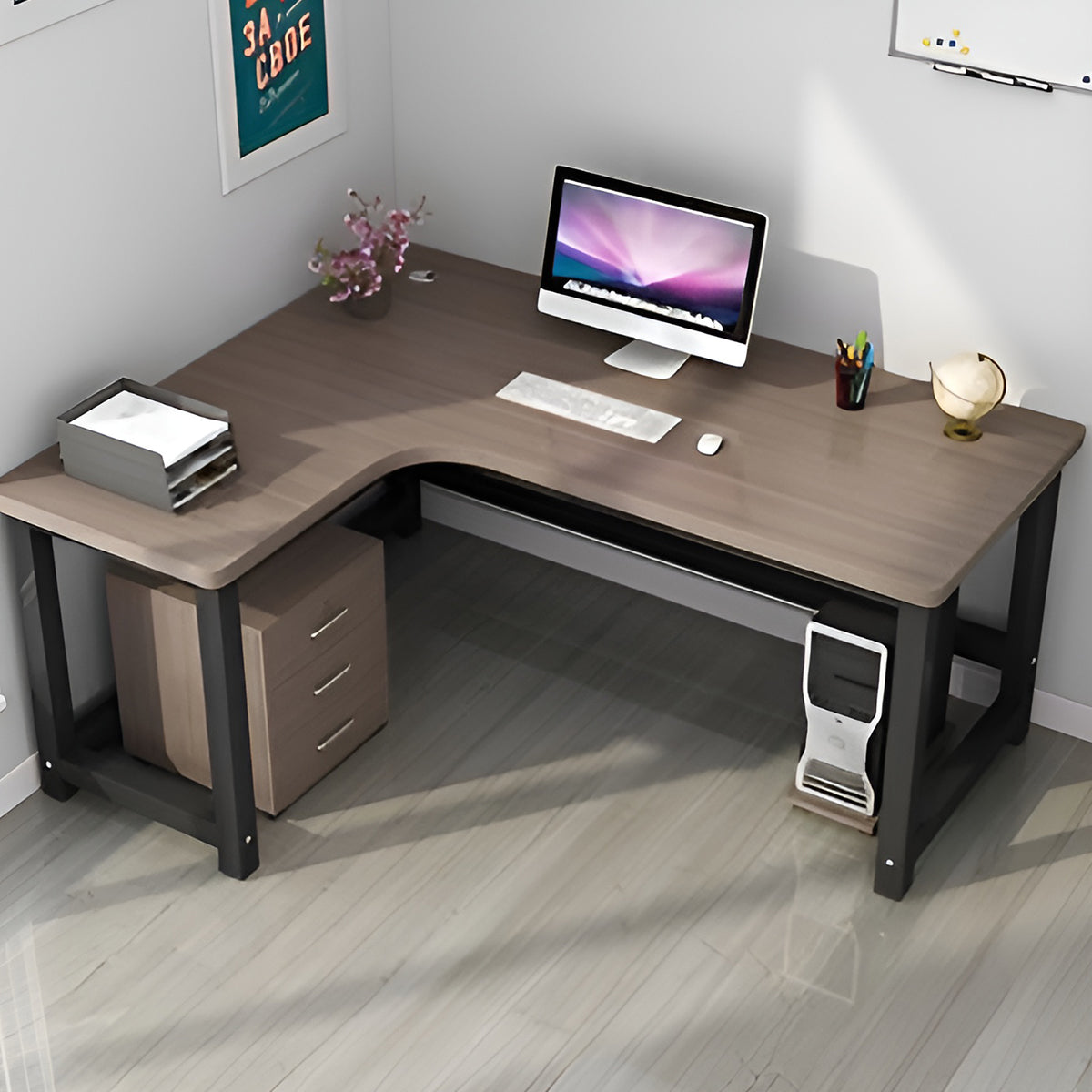 オフィスデスク 事務机 事務用デスク パソコンデスク ワークデスク デスク 配線穴 サイドキャビネット 木目調 BGZ-120 - kaguyasu