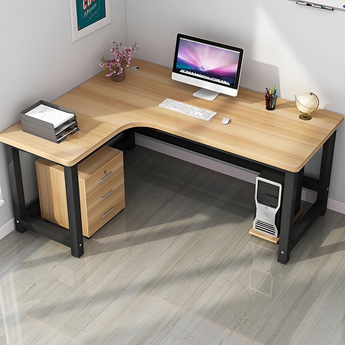 オフィスデスク 事務机 事務用デスク パソコンデスク ワークデスク デスク 配線穴 サイドキャビネット 木目調 BGZ-120 - kaguyasu