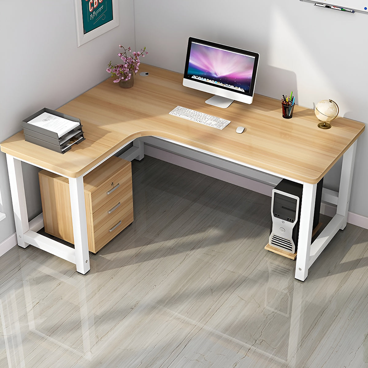 オフィスデスク 事務机 事務用デスク パソコンデスク ワークデスク デスク 配線穴 サイドキャビネット 木目調 BGZ-120 - kaguyasu