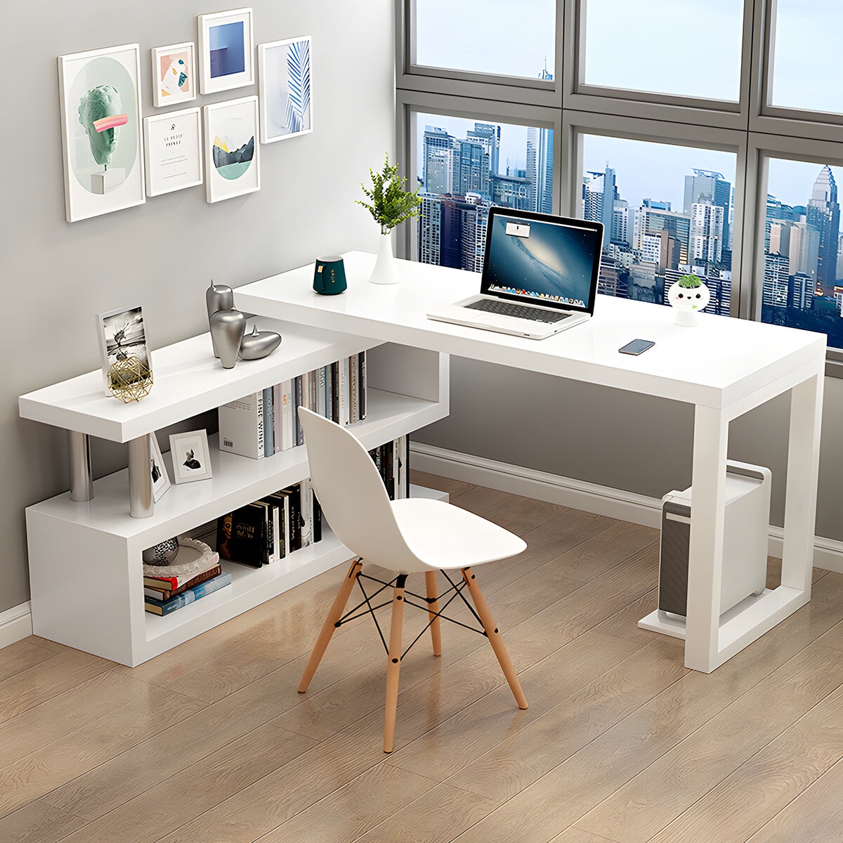 オフィスデスク ワークデスク 事務机 L字型 広いスペース 焼付塗装 サイドキャビネット 大容量 シンプル ホワイト BGZ-M-142