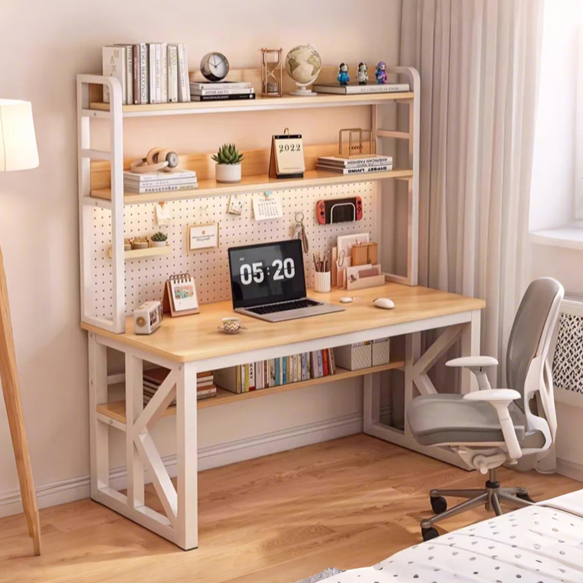 収納棚 ペクボード 収納ラック 分類収納 スチールフレーム K字構造 安定性 デスク パソコンデスク 作業用 シンプル 機能的 実用 ホワイト ナチュラル BGZ-K-155