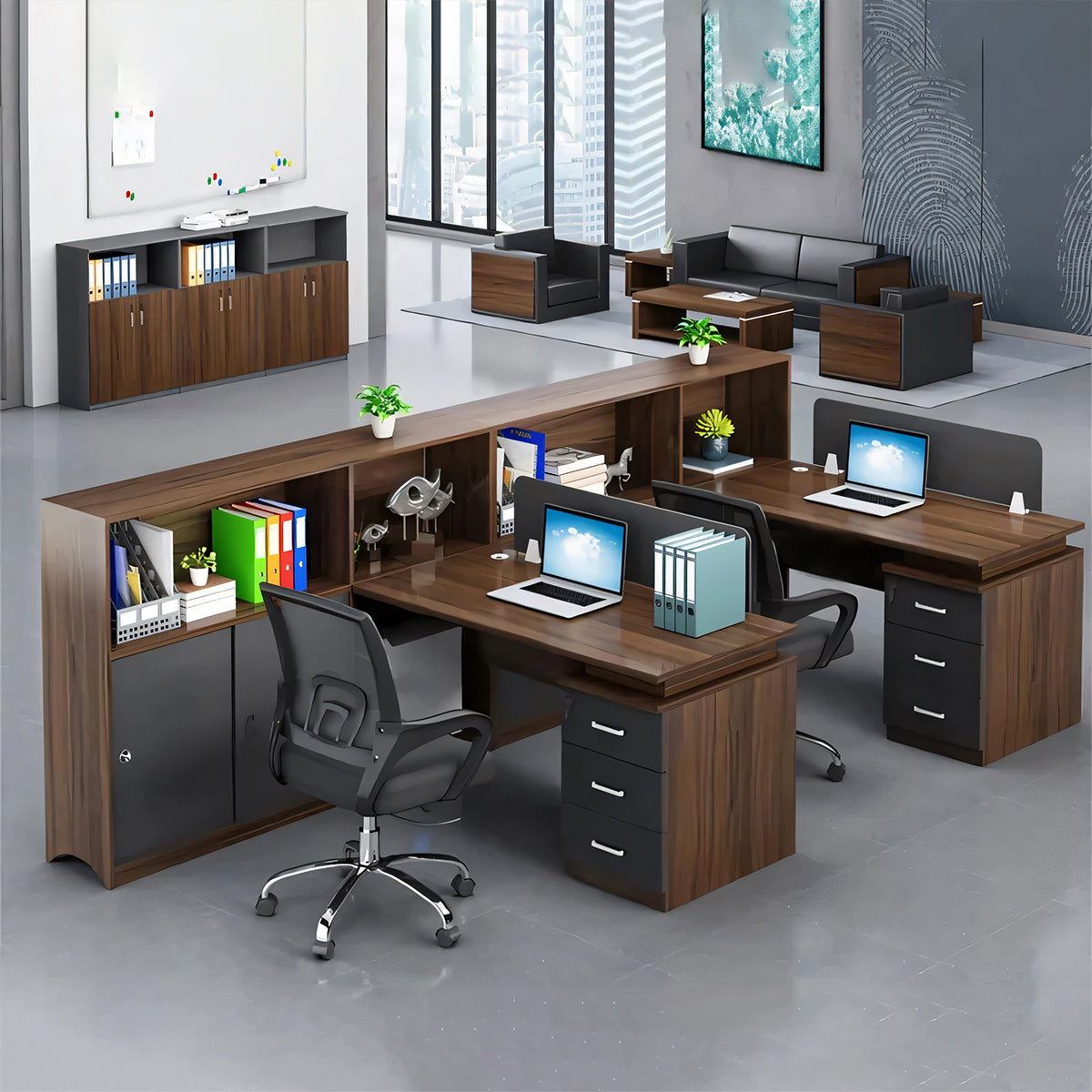 キャビネット付き 3段引き出し 配線孔 パーテーション付き デスク オフィスデスク モダン 木目調 カスタマイズ可能 BGZ-T002