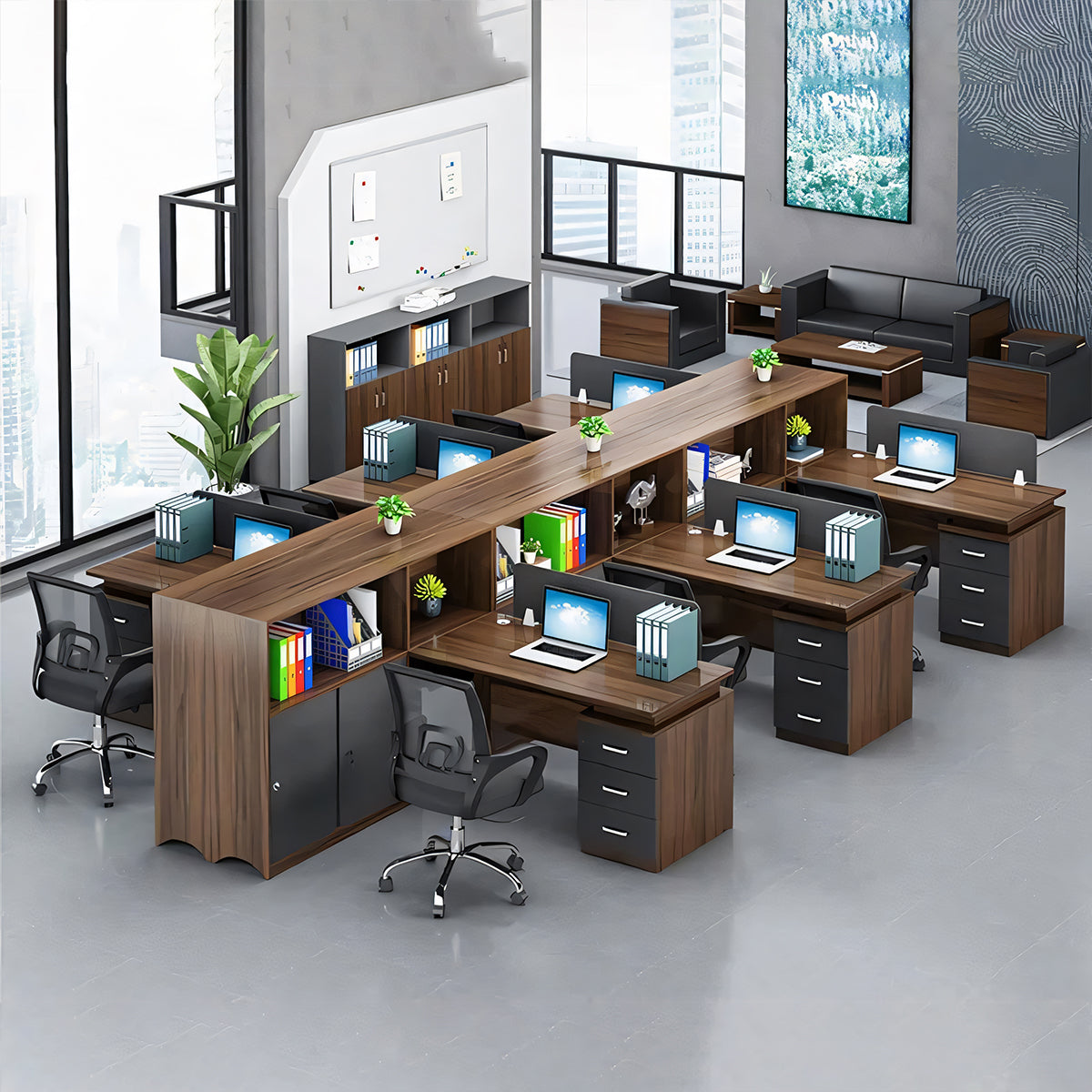 キャビネット付き 3段引き出し 配線孔 パーテーション付き デスク オフィスデスク モダン 木目調 カスタマイズ可能 BGZ-T002