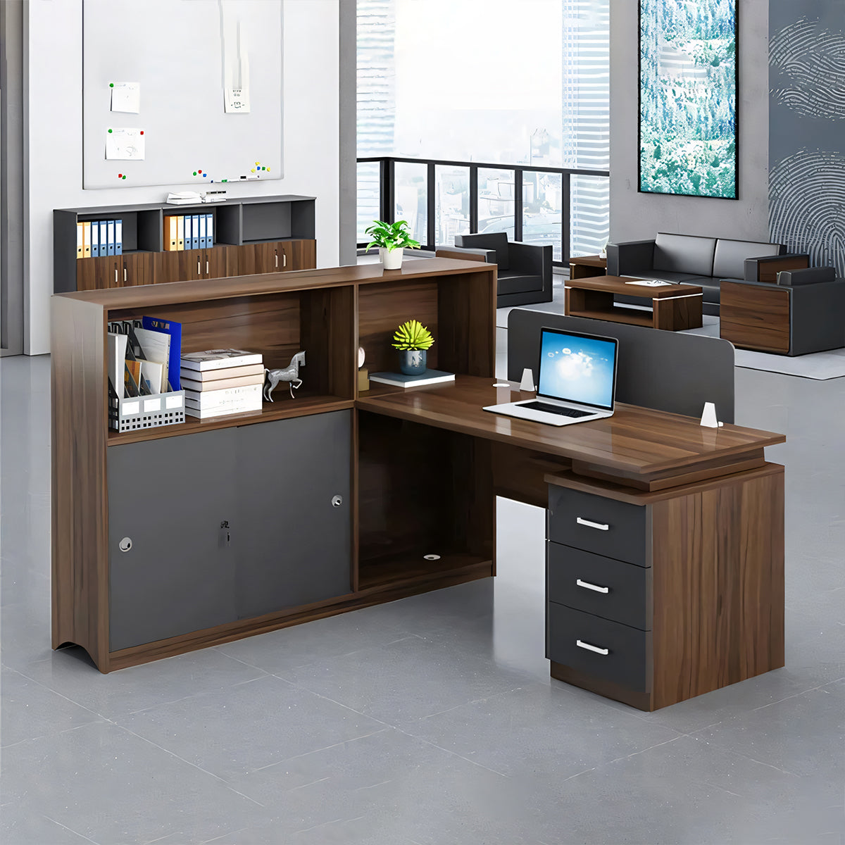 キャビネット付き 3段引き出し 配線孔 パーテーション付き デスク オフィスデスク モダン 木目調 カスタマイズ可能 BGZ-T002