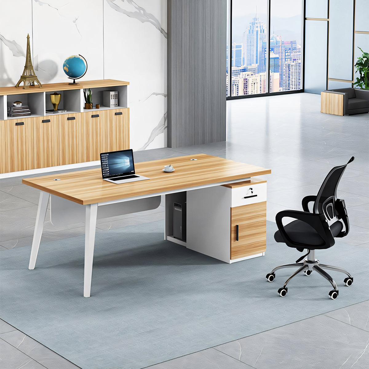 スチール脚 幕板付き サイドキャビネット 鍵付き引き出し 配線孔 オフィスデスク ワークデスク パソコンデスク 事務机 ホワイト ブラック BGZ-T059