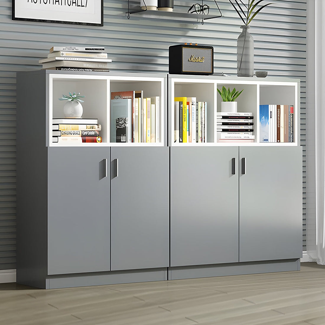 スクエアキャビネット 木製書庫  キャビネット オープン収納 扉付きキャビネット 家具 インテリア お洒落 グレー ホワイト  metamall