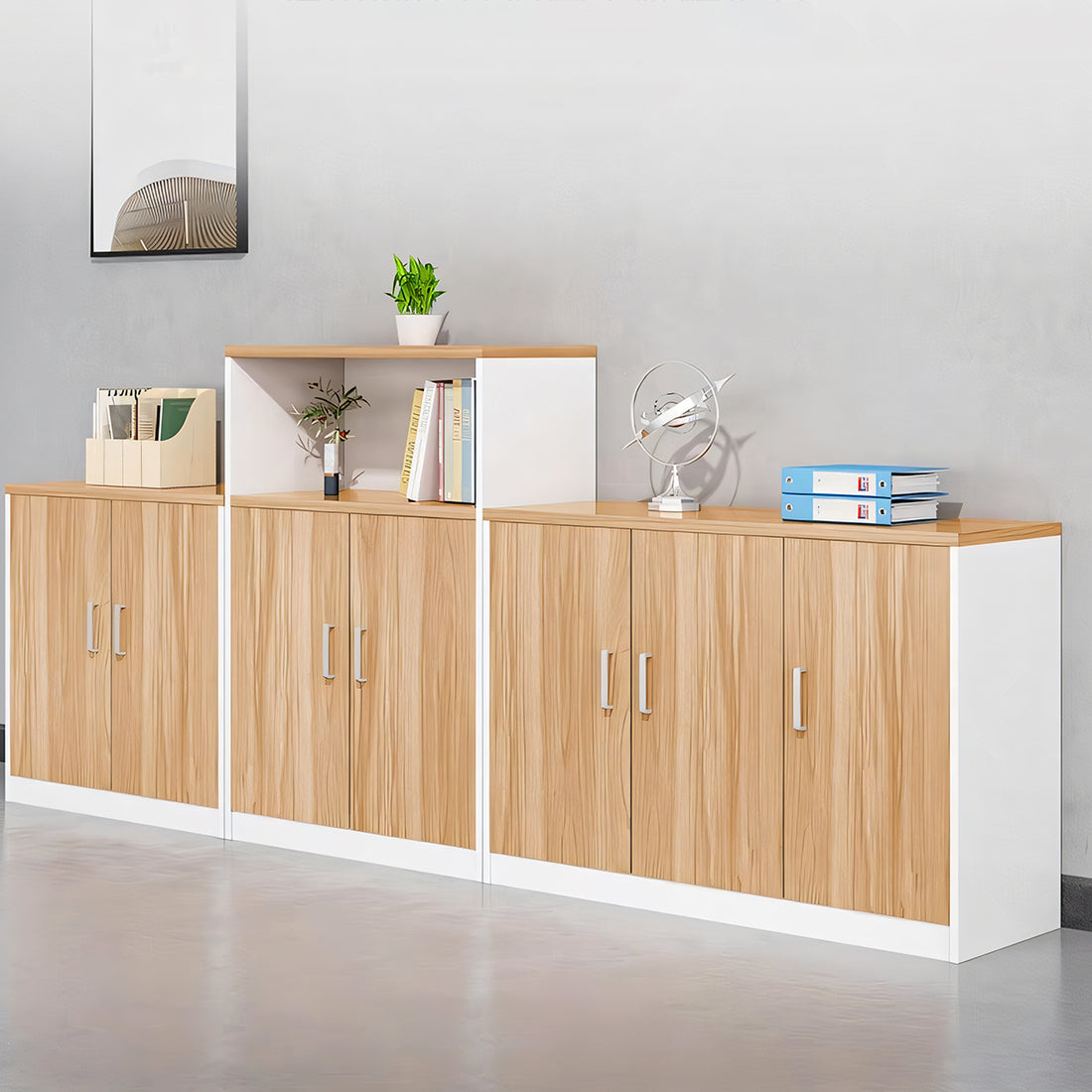 キャビネット キッチン収納 絵本棚 ファイリングキャビネット 事務所用 木目調 扉付き収納 観音開き おしゃれ ホワイト カスタマイズ可能 CWG-K-021