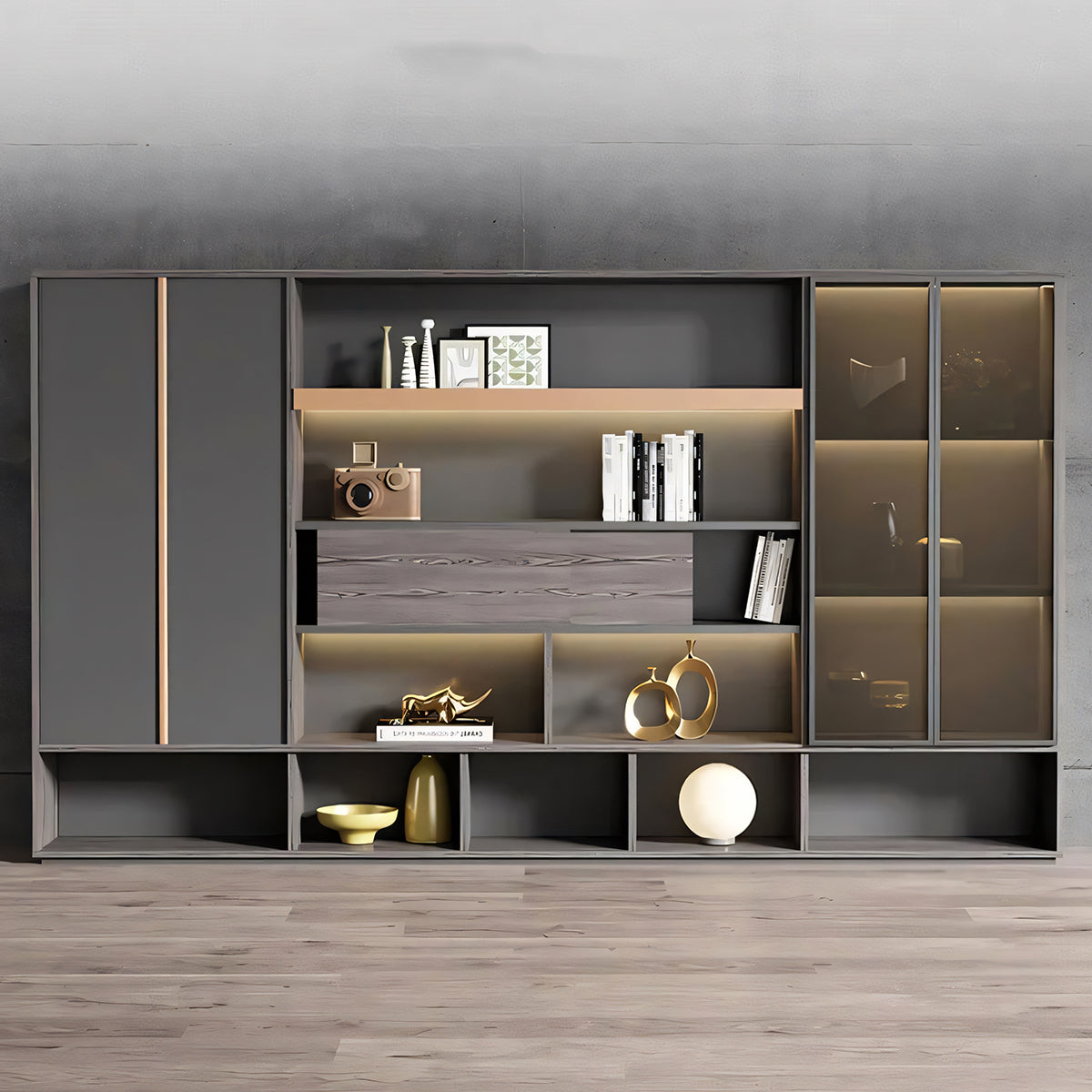 扉付き 隠す収納 オフィス用 ガラス扉収納 壁面収納 キャビネット 書類棚 役員収納庫 収納棚 ディスプレイラック 高級感 カスタマイズ可能 CWG-T010