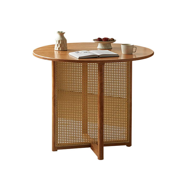 ダイニングテーブル 円形 ラタン編み ラバーウッド ワニス塗装 木目調 エコ素材 天然木 無臭 CZ-T016