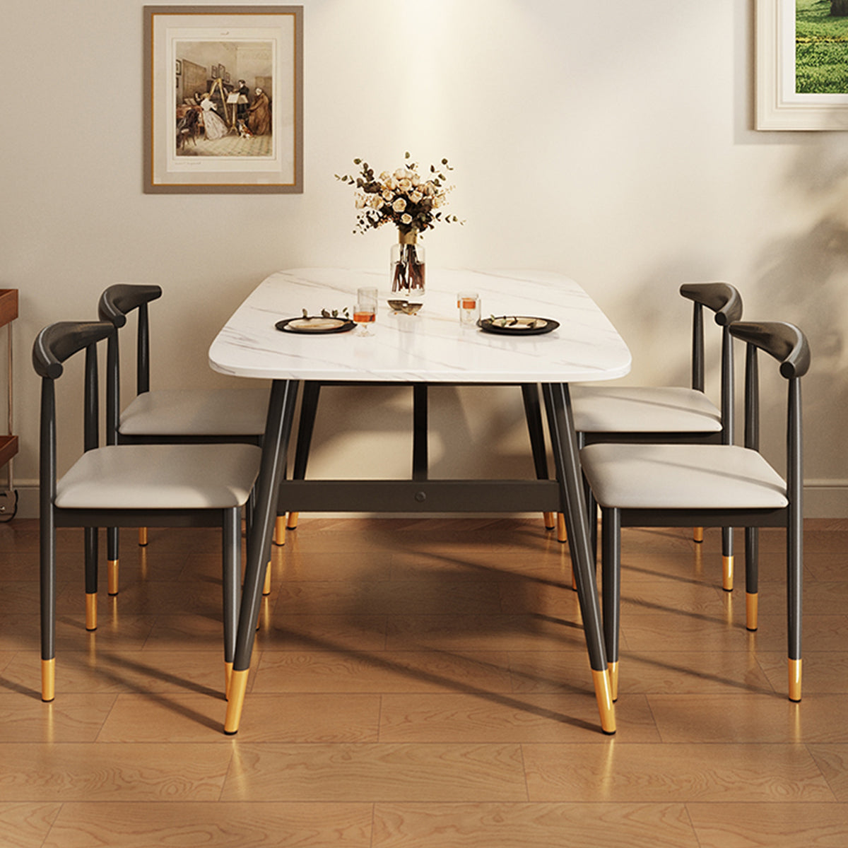 金メッキ 炭素鋼フレーム 安定感抜群 マーブル調 ダイニングテーブル 食卓テーブル 木製テーブル 4人席 角丸型 おしゃれ ホワイトマーブル CZ-T040 tomokagu