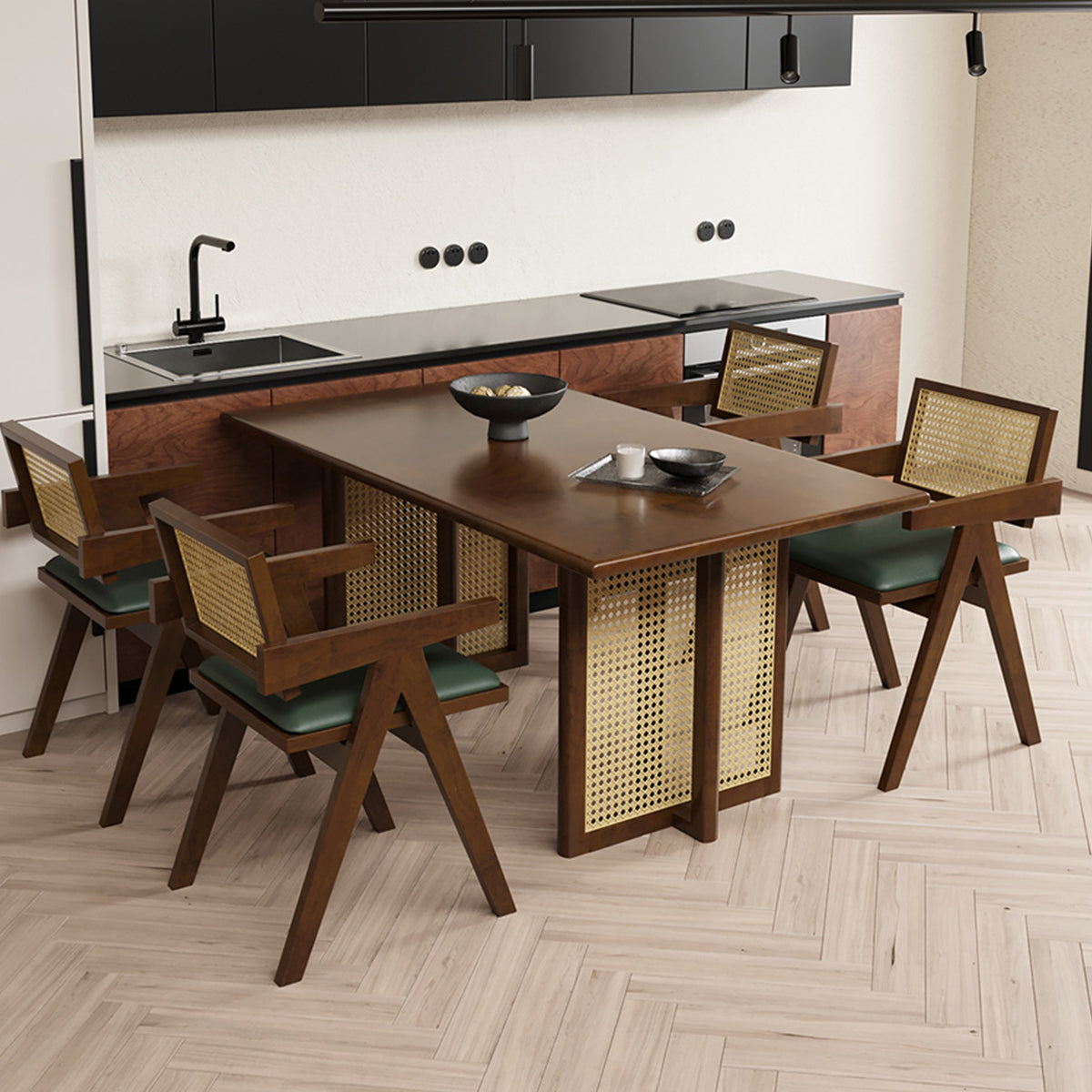 ラバーウッド 安定感抜群 ラタン調 ほぞ継ぎ ダイニングテーブル 食卓テーブル 木製テーブル リビング兼用 5人席 おしゃれ ナチュラル ブラック CZ-T041 tomokagu