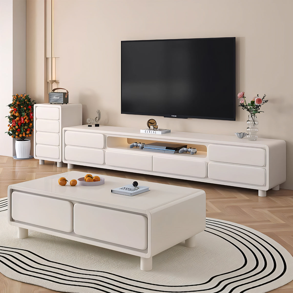 テレビボード TVボード テレビ台 モダン シンプル ホワイト メラミン化粧板 エコ素材 無臭 安全 引き出し 大容量 R加工 台輪 DSG-T029