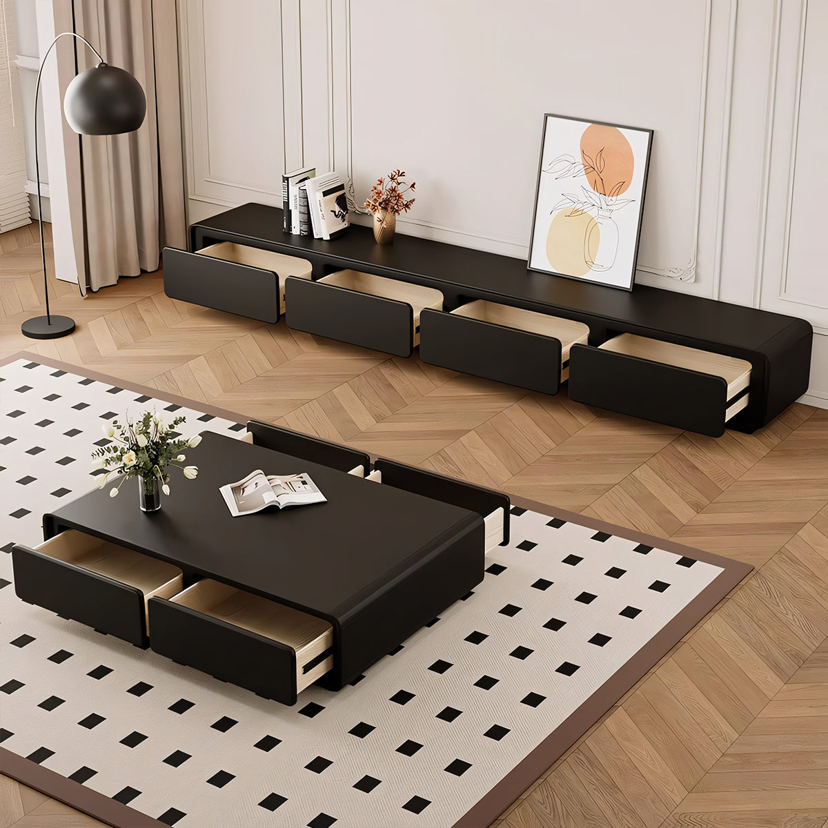 テレビ台 テレビボード TVボード 高級感 エコ素材 メラミン化粧板 収納力抜群 引き出し R加工 配線孔付き 台輪 DSG-T030