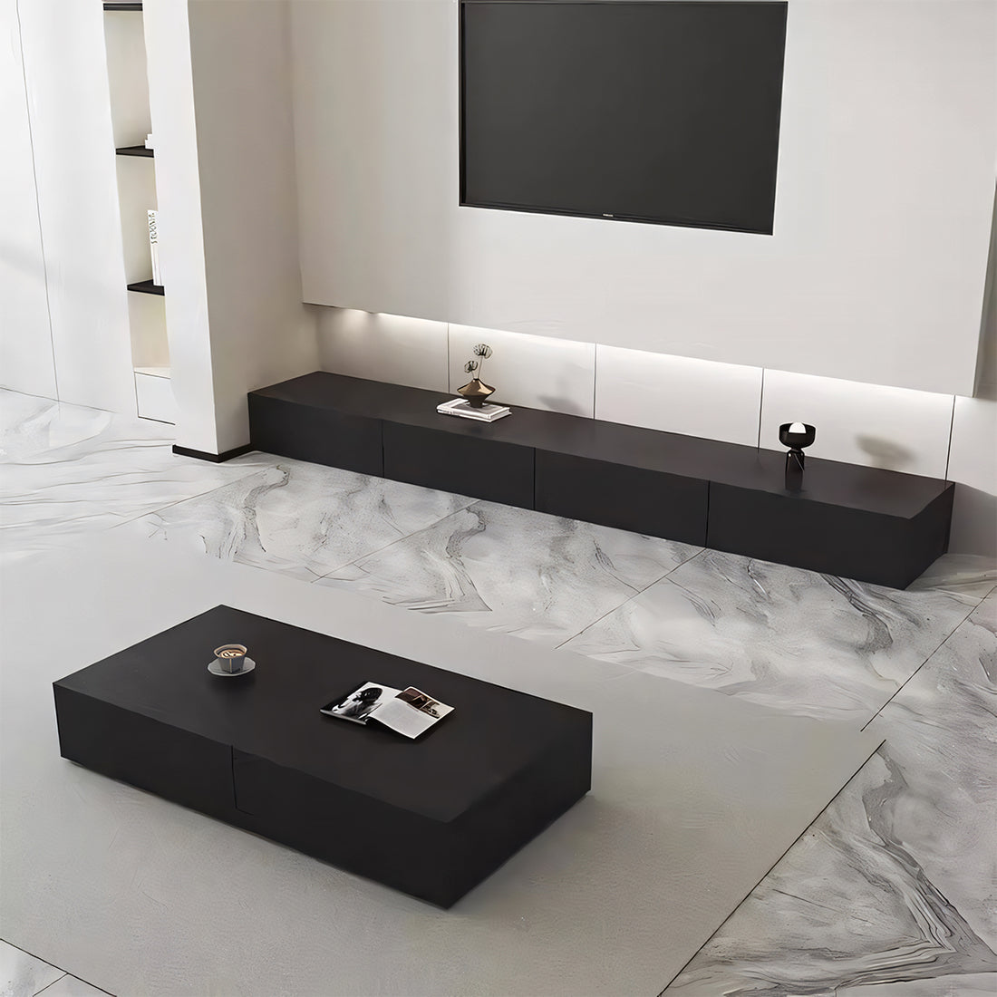 テレビボード テレビ台 TVボード 高級感 ブラック メラミン化粧板 エコ素材 台輪 引き出し 大容量 収納力抜群 配線孔付き カスタマイズ可能 DSG-T032