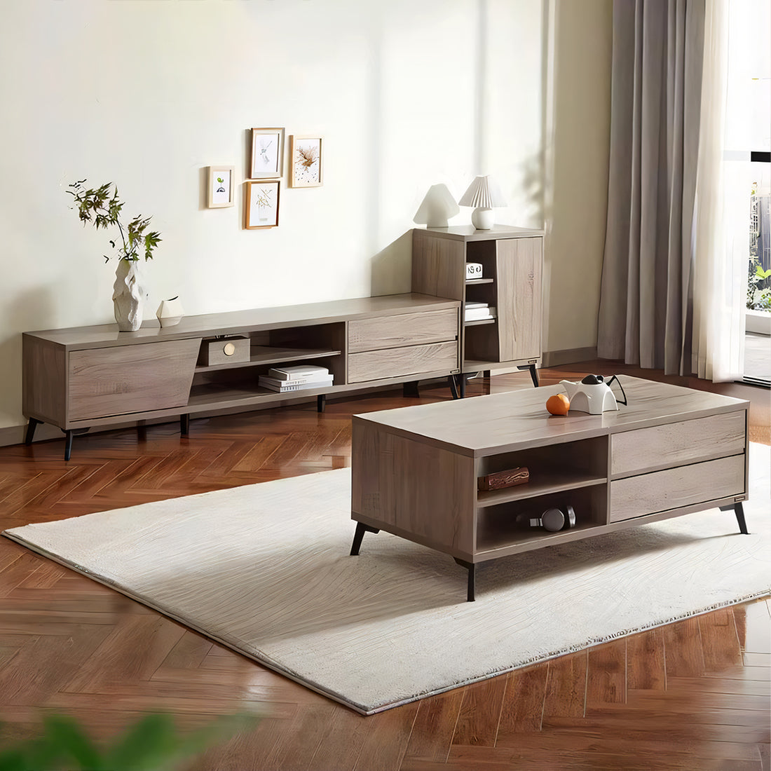 テレビボード TVボード テレビ台 木目調 収納力抜群 扉付き収納 オープン収納 引き出し 脚付き 配線孔付き DSG-T033