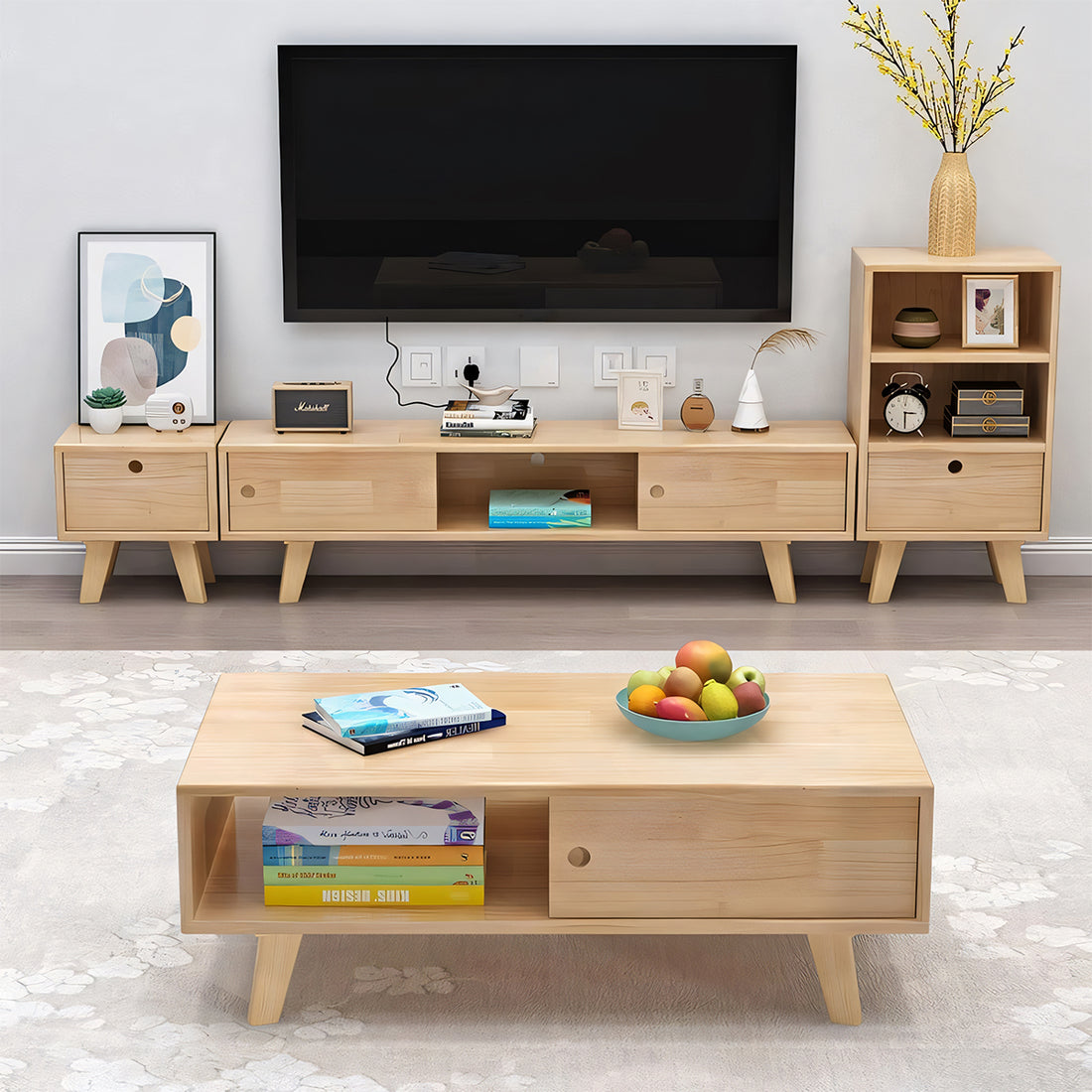 テレビ台 テレビボード TVボード シンプル 分類収納 引き出し 扉付き収納 オープン収納 R加工 パイン材 天然木 配線孔付き DSG-T037