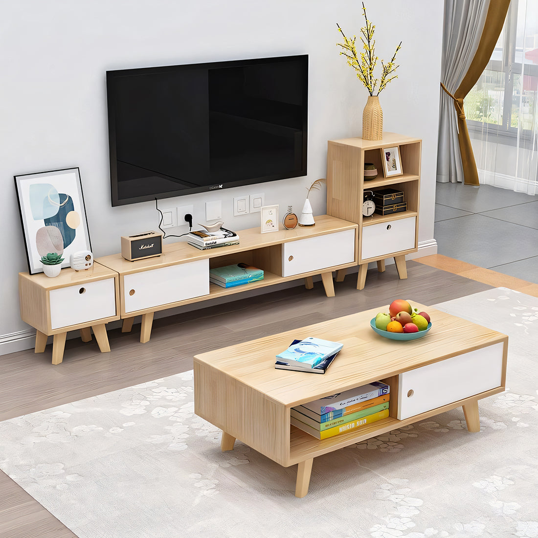 テレビ台 テレビボード TVボード シンプル 分類収納 引き出し 扉付き収納 オープン収納 R加工 パイン材 天然木 配線孔付き DSG-T037