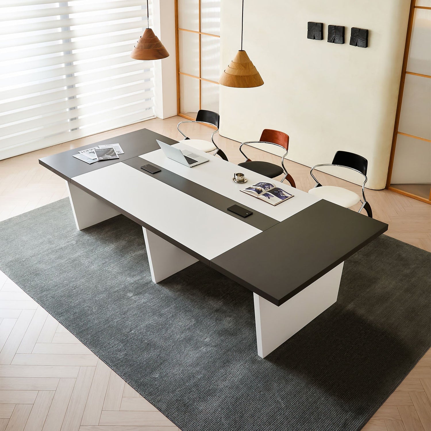 会議用テーブル 会議用デスク ミーティングテーブル大型 台形脚 配線ボックス エコ素材 上質 HYZ-2038