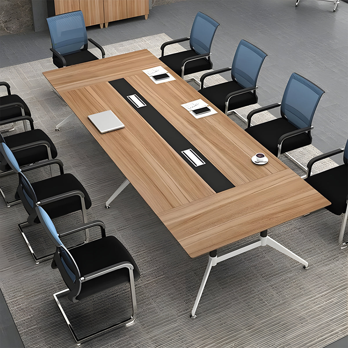 配線ボックス 幅広 八の字型 金属脚 テーブル ミーティングテーブル 会議テーブル シンプル 木目調 モダン カスタマイズ可能 HYZ-C034