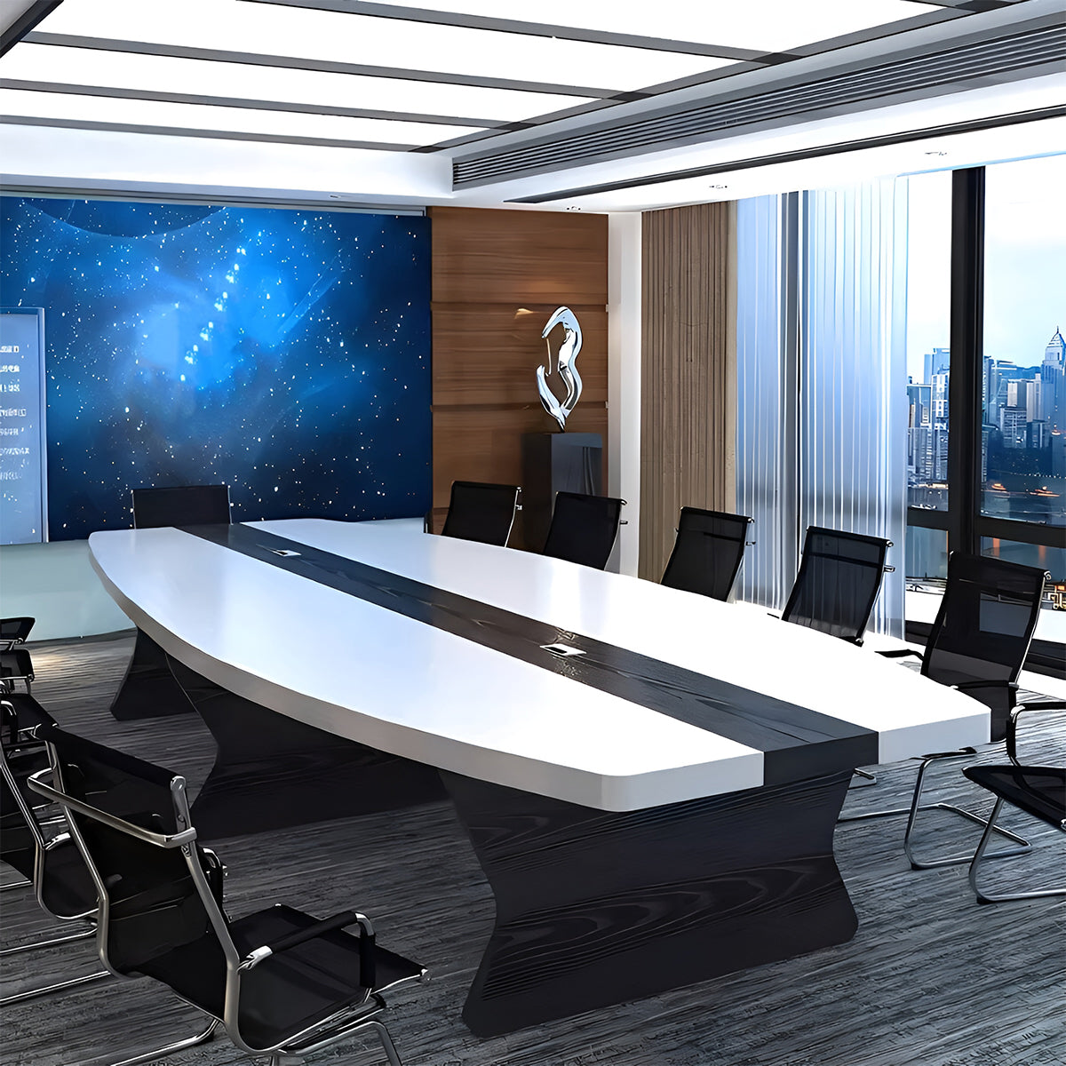 木目調 配線孔 分厚い天板 重厚感 弧状デザイン 会議テーブル テーブル ミーティング 上質 エレガント ホワイト カスタマイズ可能 HYZ-K010
