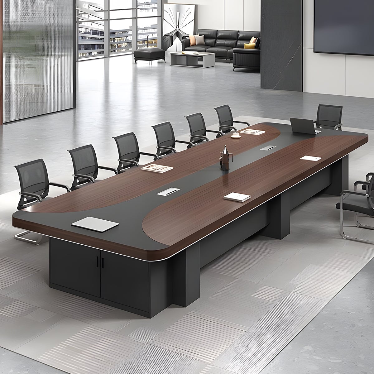 会議テーブル ミーティングテーブル 配線ボックス メラミン化粧板 幕板付き バイカラーデザイン サイドキャビネット ブラウン カスタマイズ可能 tomokagu