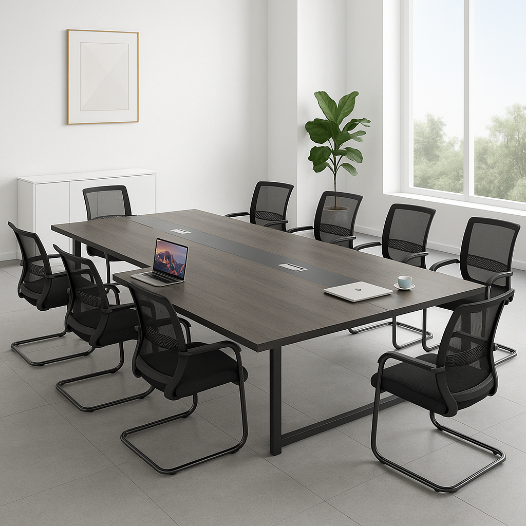 シンプル 洗練 シャープ 木目調 落ち着き 会議テーブル ミーティングテーブル スチール メラミン化粧板 配線ボックス カスタマイズ可能 HYZ-T006