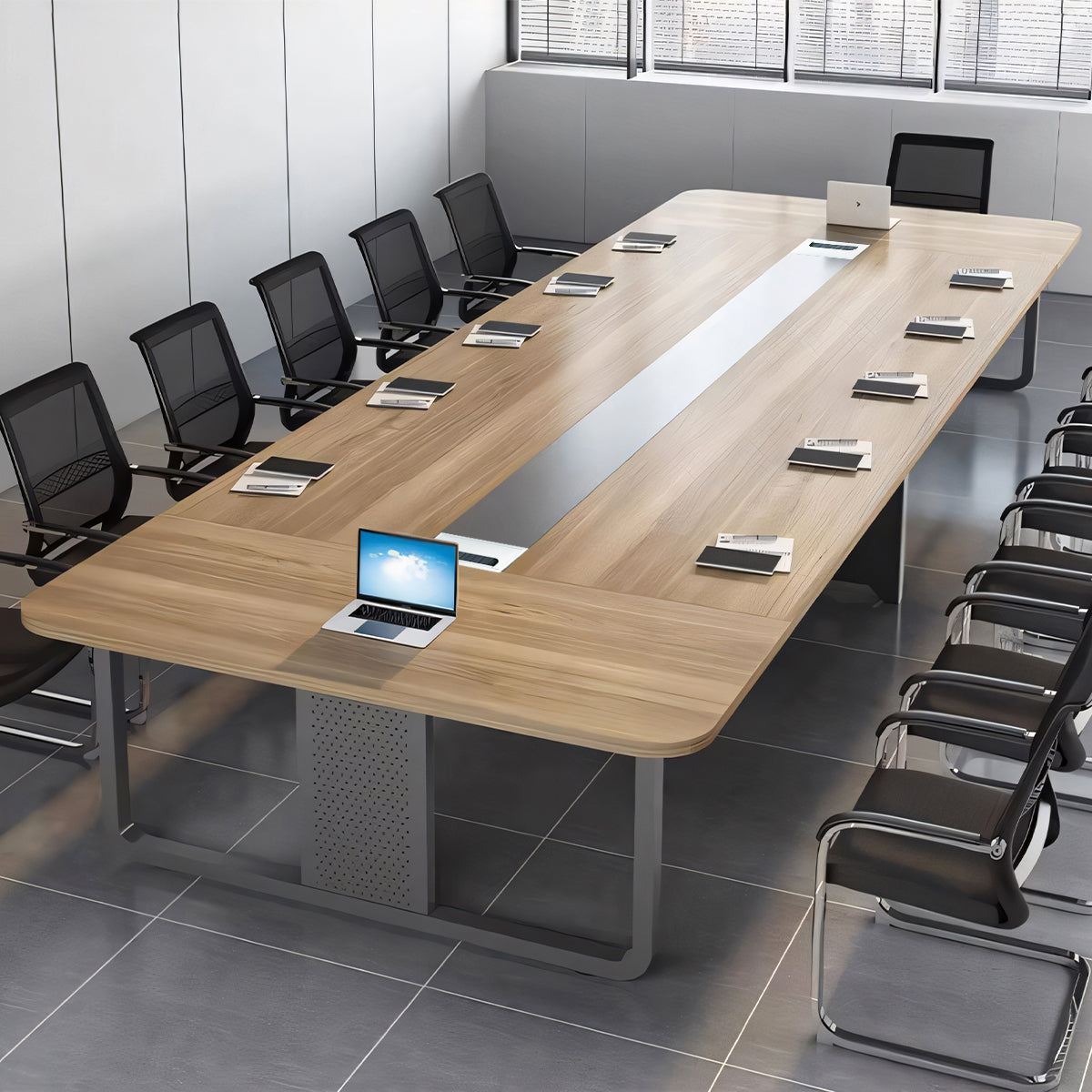 ミーティングテーブル 会議テーブル モダン エコ素材 メラミン化粧板広々とした天板 スチール製フレーム 配線孔付き カスタマイズ可能 HYZ-T098