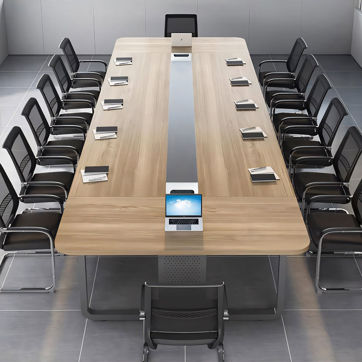 ミーティングテーブル 会議テーブル モダン エコ素材 メラミン化粧板広々とした天板 スチール製フレーム 配線孔付き カスタマイズ可能 HYZ-T098