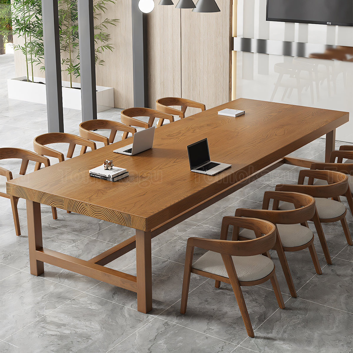 ミーティングテーブル 会議テーブル 木目調 天然木 パイン材 ワニス塗装 エコ素材 広々とした天板 カスタマイズ可能 HYZ-T100