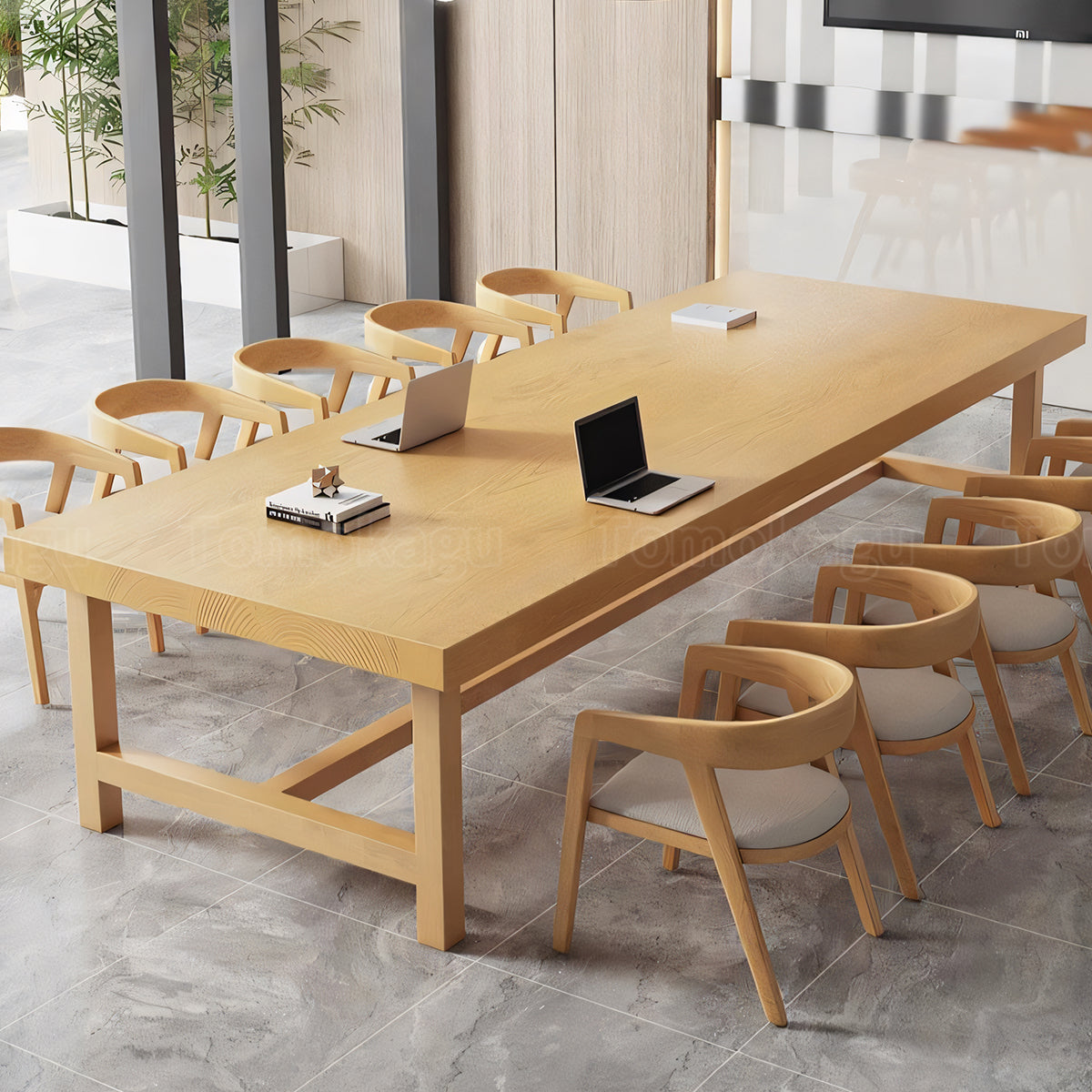 ミーティングテーブル 会議テーブル 木目調 天然木 パイン材 ワニス塗装 エコ素材 広々とした天板 カスタマイズ可能 HYZ-T100