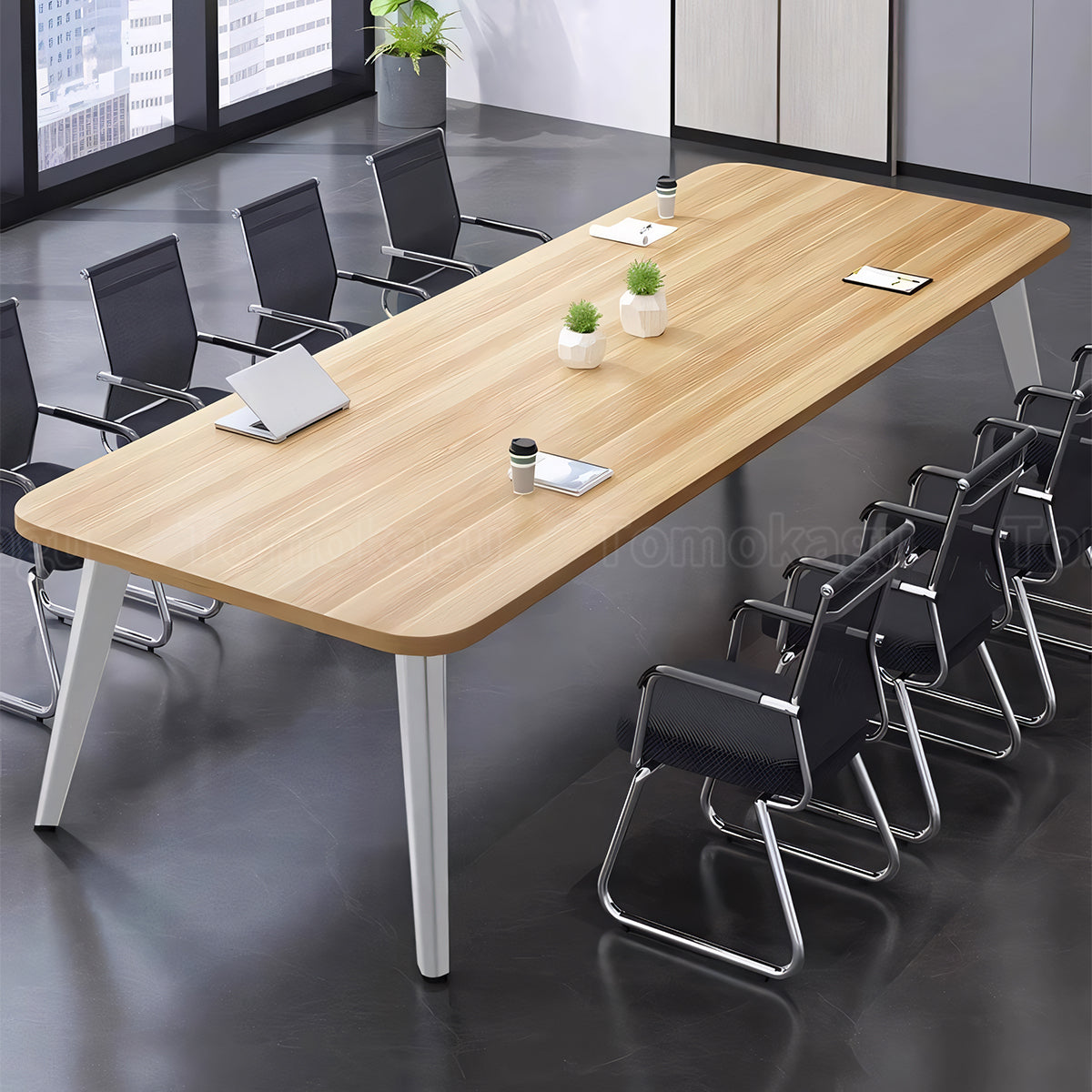 ミーティングテーブル 会議テーブル 木目調 エコ素材 メラミン化粧板 プラパート R加工 配線孔付き カスタマイズ可能 HYZ-T101