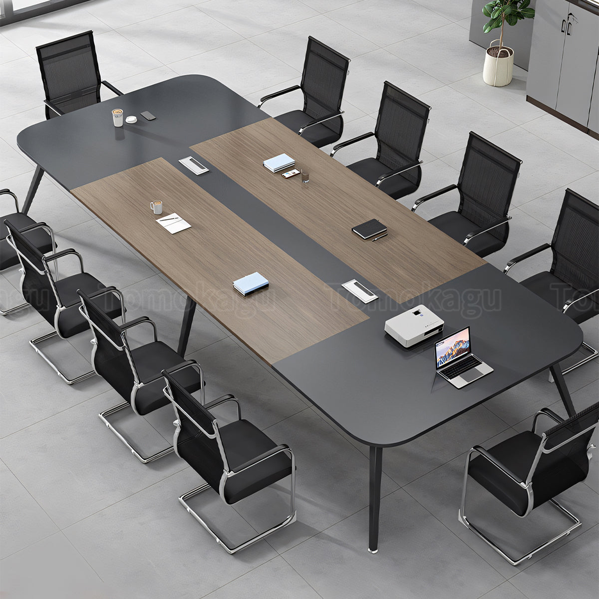 ミーティングテーブル バイカラーデザイン モダン メラミン化粧板 エコ素材 スチール製脚 静電粉体塗装 R加工 配線孔付き HYZ-T109