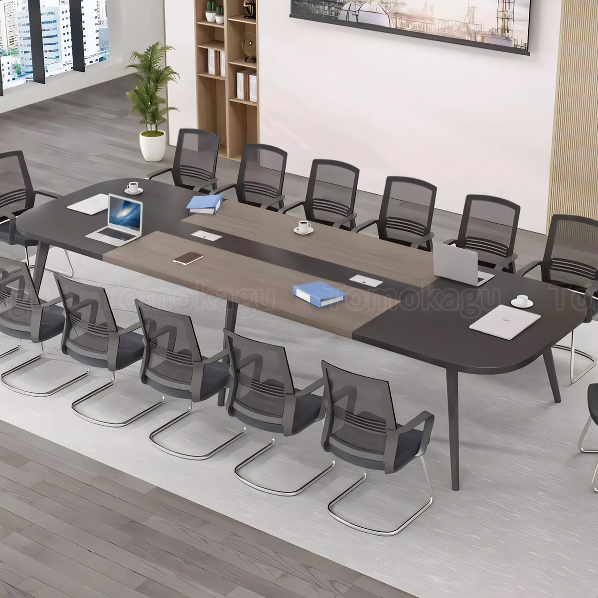 ミーティングテーブル バイカラーデザイン モダン メラミン化粧板 エコ素材 スチール製脚 静電粉体塗装 R加工 配線孔付き HYZ-T109