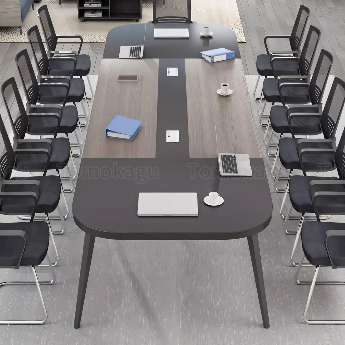 ミーティングテーブル バイカラーデザイン モダン メラミン化粧板 エコ素材 スチール製脚 静電粉体塗装 R加工 配線孔付き HYZ-T109