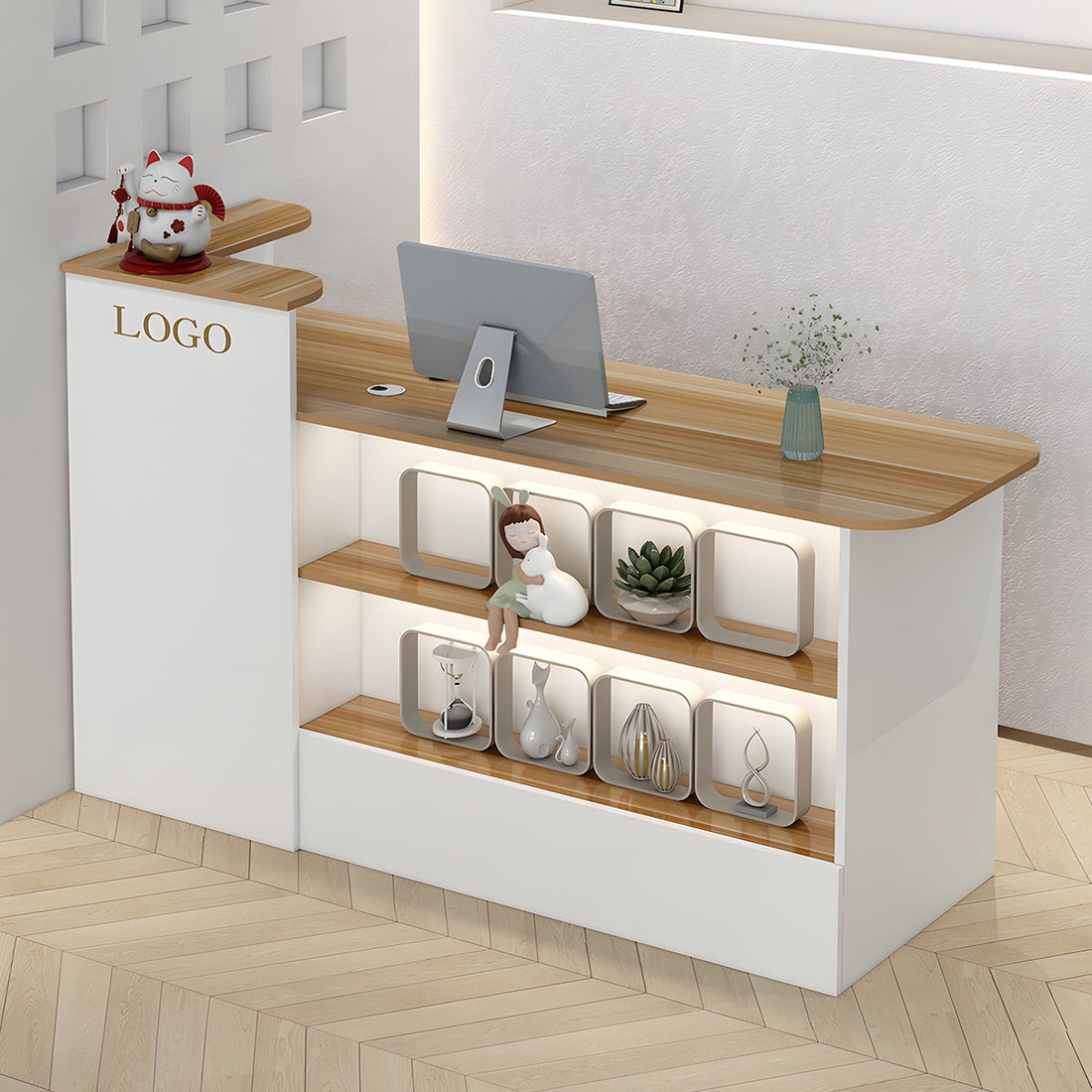 受付カウンター レジカウンター オフィス受付 鍵付き 配線穴付き 角丸 シンプル ホワイト カスタマイズ可能 JDT-M-104